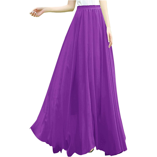Kvinnor Full/Ankel Längd Elastisk Plisserad Retro Maxi Chiffon Lång Kjol Slående Lila X-Small