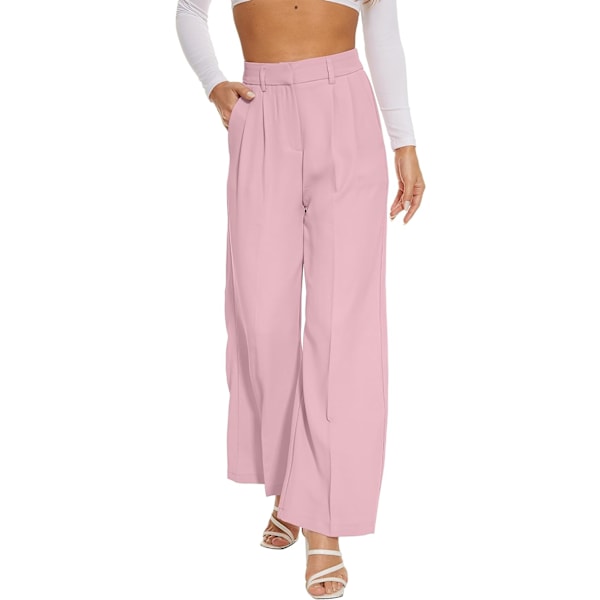 ZO Dam breda ben med vida ben, hög elastisk midja baktill, affärskläder, långa raka kostymbyxor 006# Rosa (tunn) Liten lång