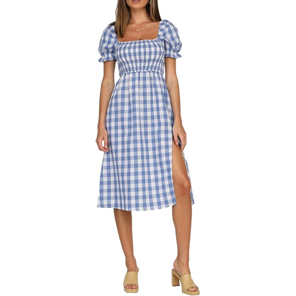 ivimos Sommarklänning för kvinnor Bomull Rutig Puffärmar Avslappnad Off-Shoulder Boho Sidoslitsad Midiklänning Blå-rutig Stor