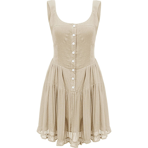 ivimos Dam Sommar Bomull V-hals Knapp Ned Casual Ruffled Swing Miniklänning Beige X-Large