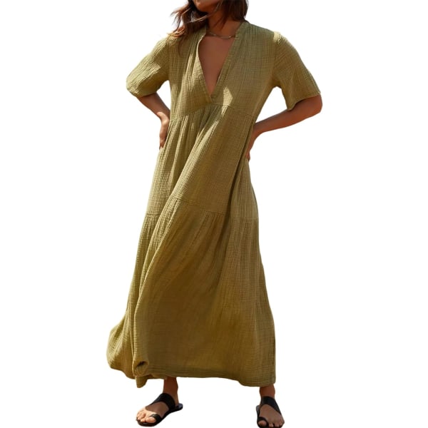 ivimos Dam Sommar Bomull Flytande Maxi Klänning Kort Ärm V-Hals Empire Midja Boho Vågig Volang Casual Lös Lång Klänning Olivgrön Liten