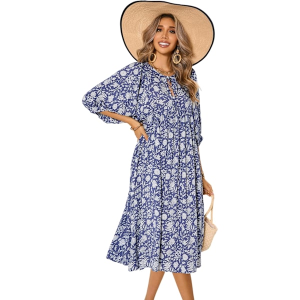 ivimos Dam Sommarklänning Casual Midi Klänning Lykta Ärm Knyt V-Hals Boho Blommig Tryck Lös Passform Flytande Långa Klänningar Mörkblå Medium