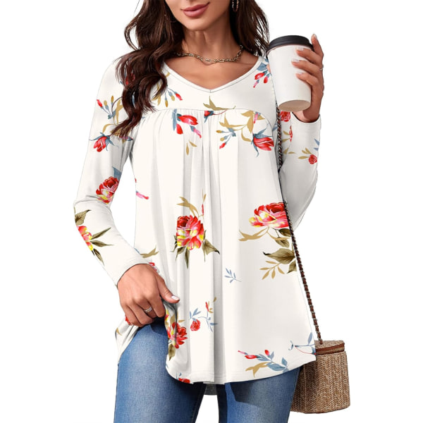 LASI Dam långärmad tunika toppar V-ringning casual dressy T-shirts lös passform att bära med leggings blusar höst toppar för kvinnor vit ros blomma liten