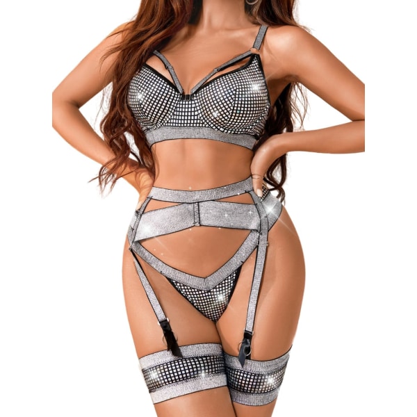 i&Shi Strumpeband Lingerie för Kvinnor, Sexig Spets Lingerie, Genomskinlig Matchande 4-Delars Lingerie Set Svart Silver 4-6