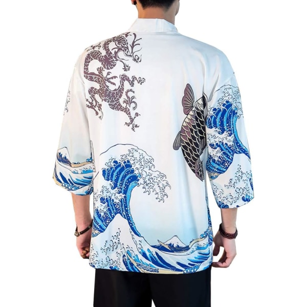 Herrkimono Cardigan Casual Dragon Mönster Yukata Öppen Frack, Fisk Vit, Medium