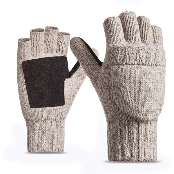 P Vinter Fingerless Handskar för män Kvinnor Thinsulate Inner Ull Akryl Stickat Läder Palm Beige Medium