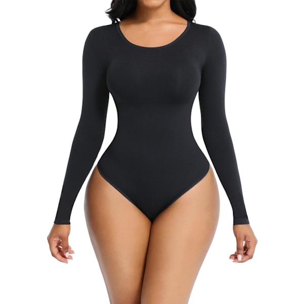 lick Bodysuit för kvinnor Höstkläder för kvinnor 2023 - Body Shaper Långärmad Rund Hals Thong Body Shaping Toppar Svart XS/S