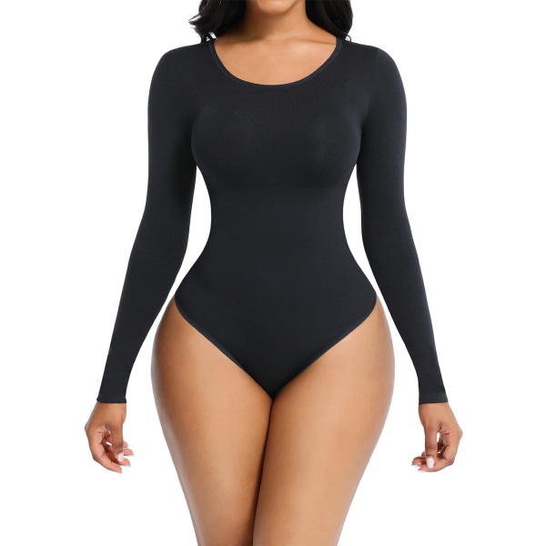 lick Bodysuit för kvinnor Höstkläder för kvinnor 2023 - Body Shaper långärmad rund hals Thong Body Shaping Tops, Brun, X-Large-XX-Large B1.svart 3X-L