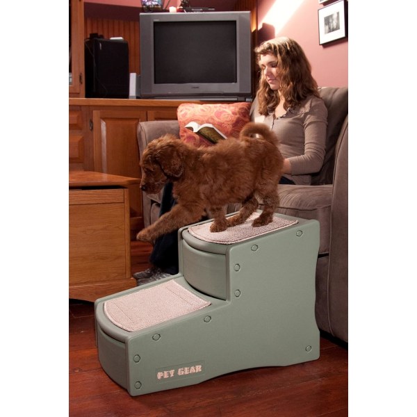 Gear Easy Step II husdjurstrappa, 2-stegs för katter/hundar upp till 150 pund, bärbar, avtagbar tvättbar mattbana, utan verktyg Sage 2022