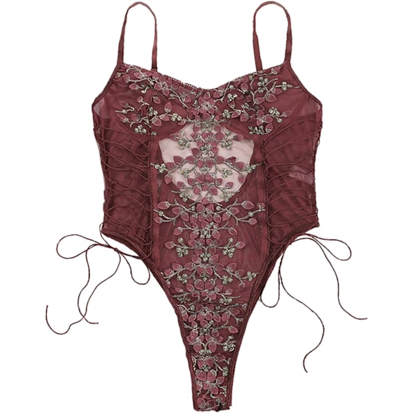 osy Kvinnor Sexig Spets Upp Blommig Broderad Teddy Lingerie Bodysuit Topp Mesh Sheer One Piece Burgundy Liten