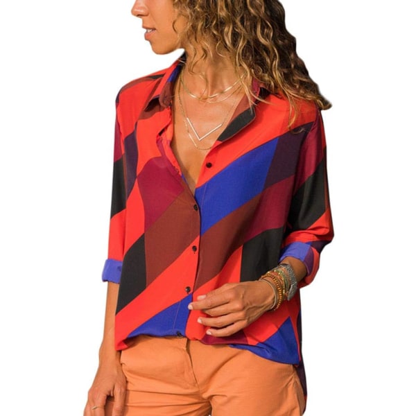 ch Randigt tryck för damer med långärmade skjortor Blusar #2042 2042 Orange Medium