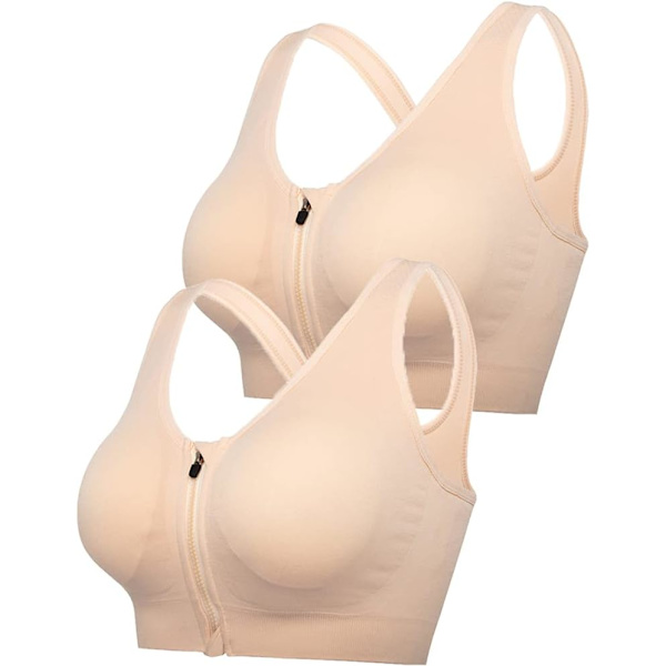 Sport-BH för kvinnor med dragkedja framtill, trådlös BH efter operation, aktiv yoga-sport-BH, 1# 3-pack (svart + beige + grå)