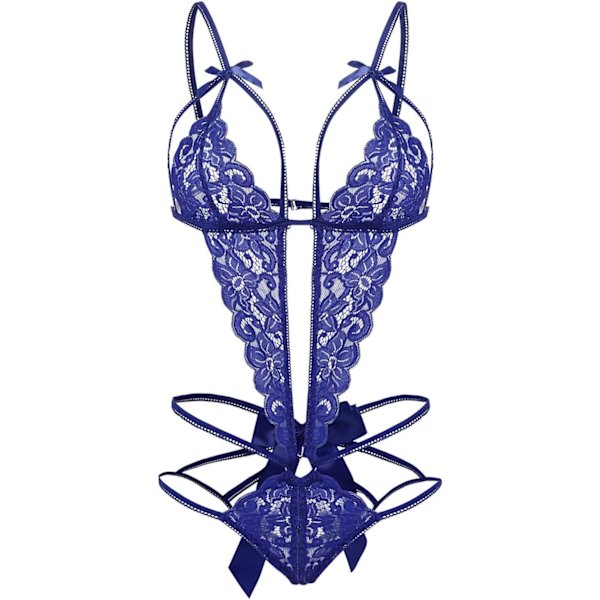 nalla Dam djup V-spets Teddy One Piece Lingerie Cutout Strappy Lingerie Blå XX-Large
