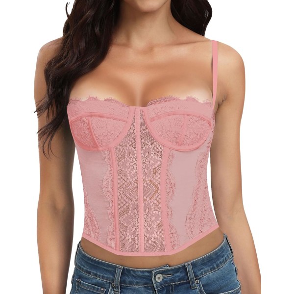 LLEY Fashion Lace Bustier Korsett Crop Tops för kvinnor med spänne - Sexig utgångstopp Rosa X-Small