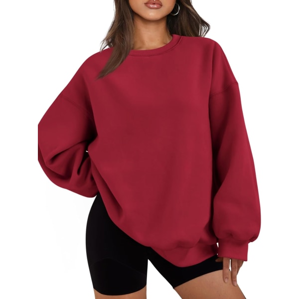 Damtröja i överdimensionerad fleece Långärmad tröja med rund hals Sweatshirt Casual Hoodie Toppar Röd X-Large