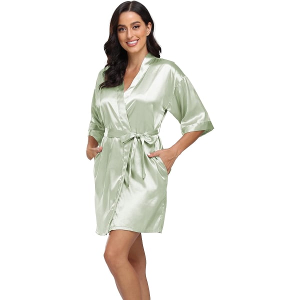 Bund Dam Satin Robe Silke Kimono Badrock Ren Kort Sexig Nattkläder Brudtärna Brud Fest Robes med Ficka Aqua Grön Stor