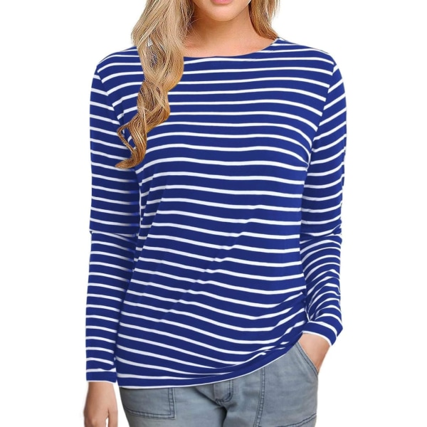 oco 80-tals off Shoulder-tröjor för damer Kortärmad Casual Loose Fit Blus T-shirt Stor Royal Blue Stripe Medium