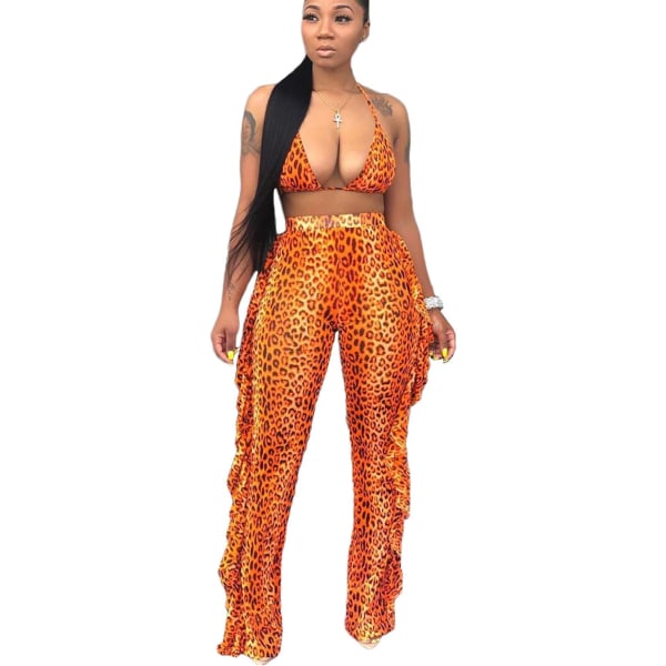 Beading Pearl See Through Sheer Mesh 2 Pieces Outfits Jumpsuits Crop Top och Hollow Out Ruffle Long Pants Leopard Orange XX-Large