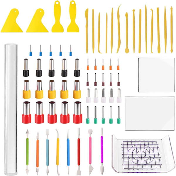 7PCS Akryl Lera Skärare Set, 1 Akryl Lera Roller, 3 Akrylplatta, 4 Baksida Skrapor, 22 Plast Skrapa Lera DIY Verktyg, 40 Polymer Lera Runda S