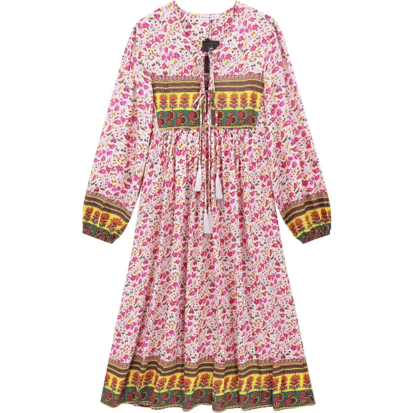 ivimos Dam långärmad blommig tryck retro V-ringad tofs casual bohemisk midiklänningar vitrosa#3 XX-Large