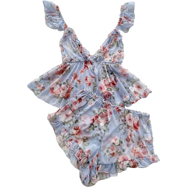 dusa Dam 2-delad blommig mesh volang peplum camisole topp och shorts pyjamas set ljusblå stor