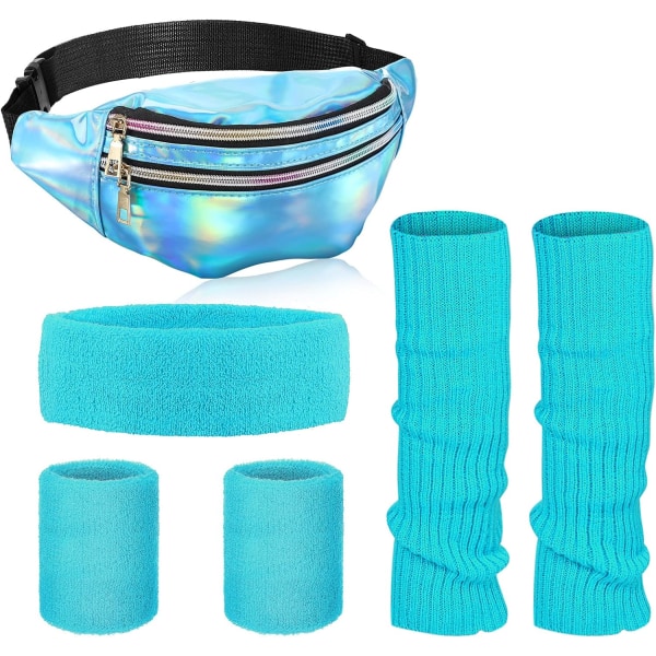 INIOR 80-tal Neon Benvärmare Set Holografisk Fanny Pack Stickad Benvärmare Pannband Armband för Yoga Running Blue, Light Blue One Size
