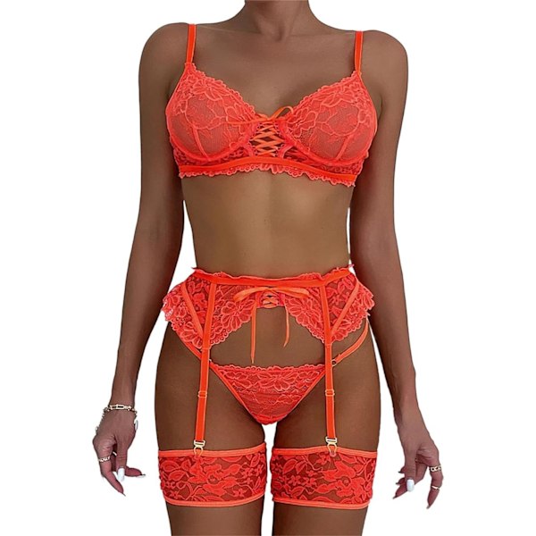 osy Sexig bygel söt genomskinlig Kawaii strumpeband bälte underkläder set behå och trosor 3 delar strumpor spets U medium