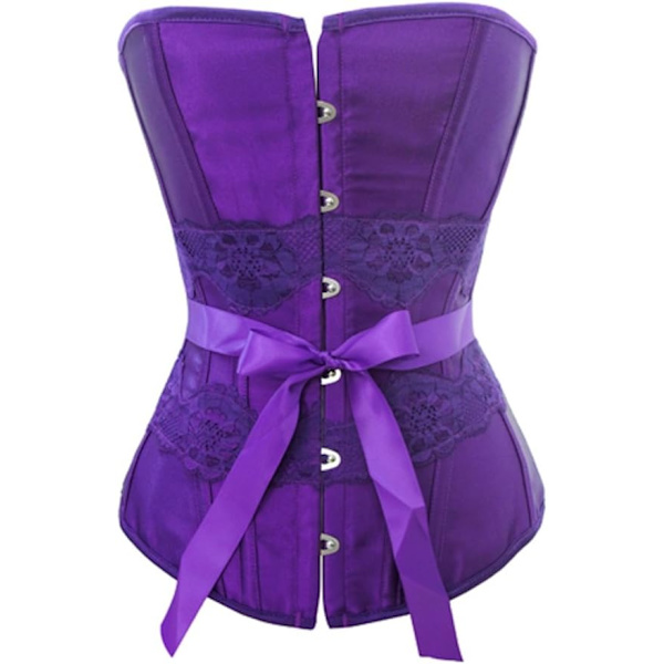 castic Svart Satäng Sexig Stark Benad Korsett Snörning Överbyst Bustier Bodyshaper Topp - Även Vit & Röd Lila X-Large