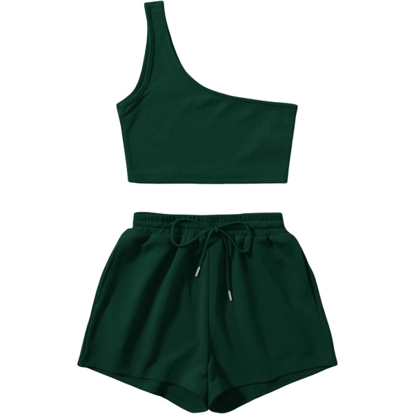 dusa linne med en axel för kvinnor och loungeshorts 2-delad träningsoverall Set Mörkgrön X-Small