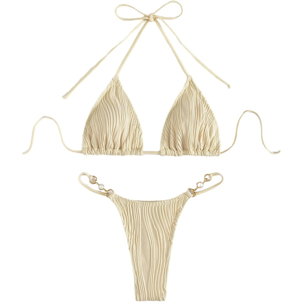 dusa Dam 2-delad Bikini Set Baddräkter Badkläder Halterneck Triangeltopp och Trosa Baddräkt Beige Liten