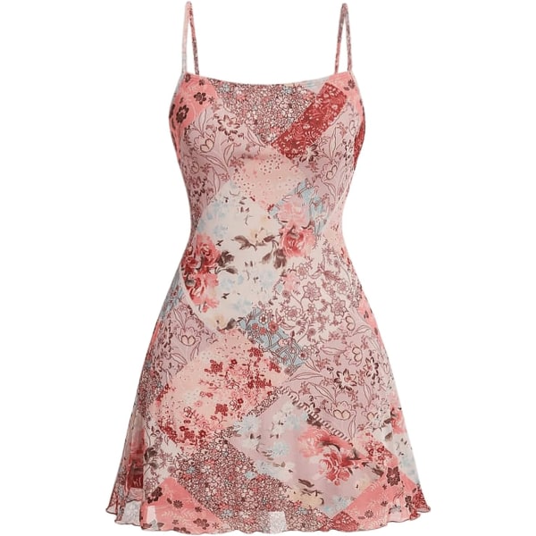 dusa Dam Lettucs Trim Blommig Tryck Mesh Ärmlös A Linje Kort Cami Klänning Rosa Multi Liten