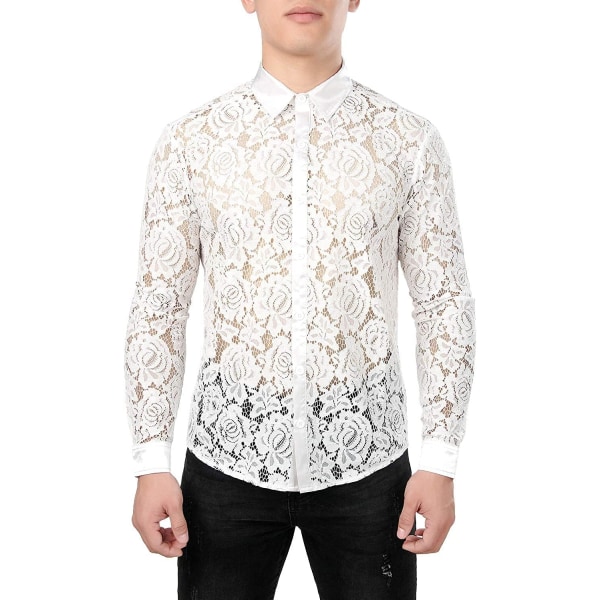 OYAA Nattklubbsstil för män mesh långärmad knappad sexiga spetsblommiga klänningskjortor Zlcl07-02-vit Medium
