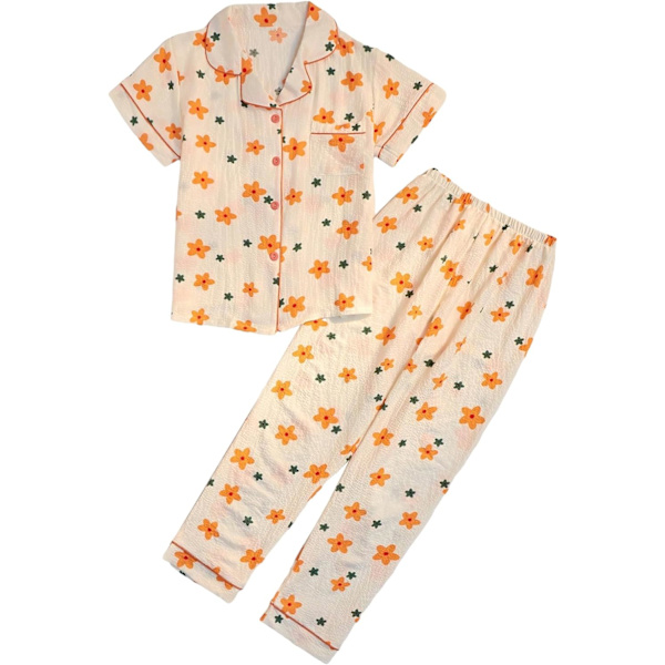 dusa Dam 2-delad tryckt pyjamas set sovkläder knapp upp skjorta med byxor beige orange liten