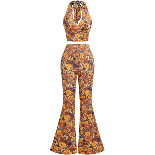 dusa Dam 2-delat 70-tals outfit Boho Halterneck V-ringad Crop Top och vida byxor Set Gul Multi X-Small
