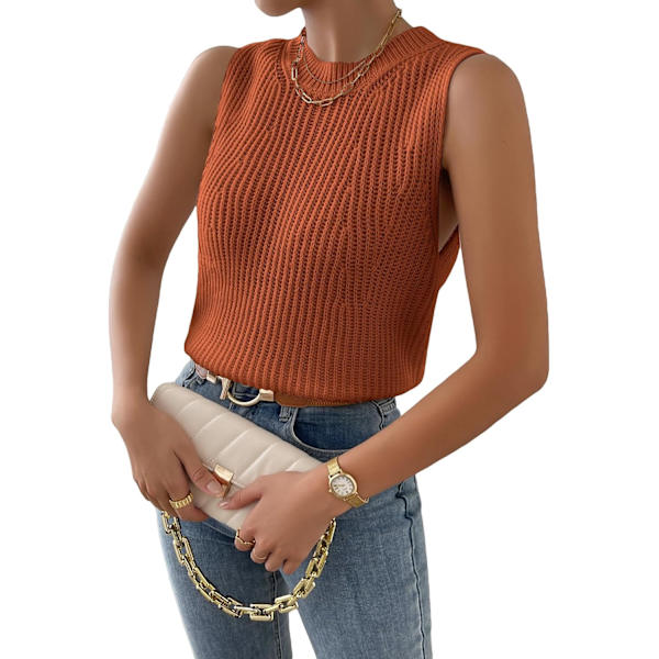 dusa Dam Slit Hem Ärmlös Rund Hals Stickad Tröja Väst Tank Top Rost Brun Medium
