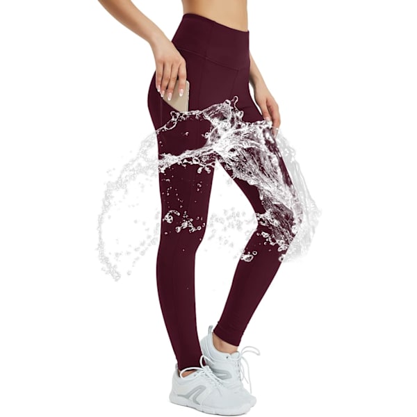 PS Fleecefodrade leggings för kvinnor, vattentäta vintertermiska leggings för kvinnor, tjocka varmfodrade yogabyxor med fickor, vinröd, liten