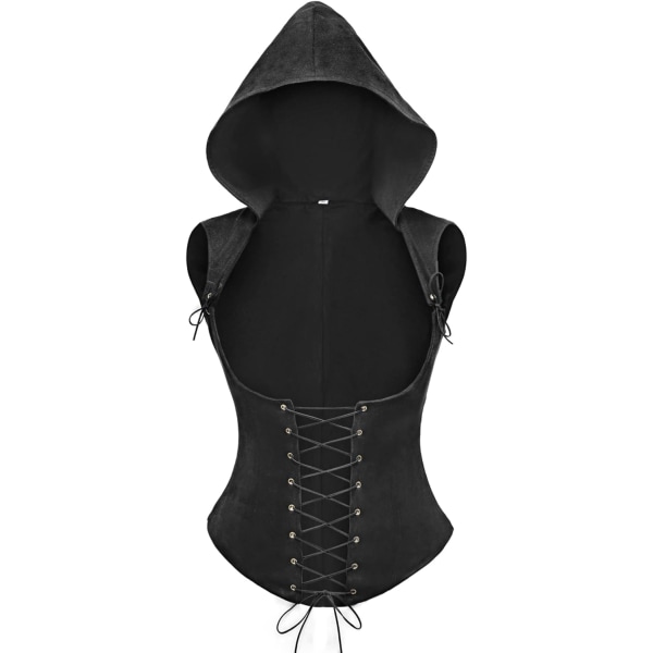 INE FURPHI dam Steampunk underbyst korsettväst med huva snörning Ärmlös Pirate Gothic Costume Top Black X-Large