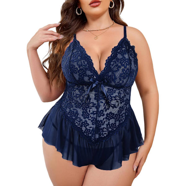 dlove Plus Size Lingerie för kvinnor Spets Bodysuit One Piece Teddy Babydoll Mesh Chemise V-ringad Nattkläder L-4XL Marinblå 4X-Large