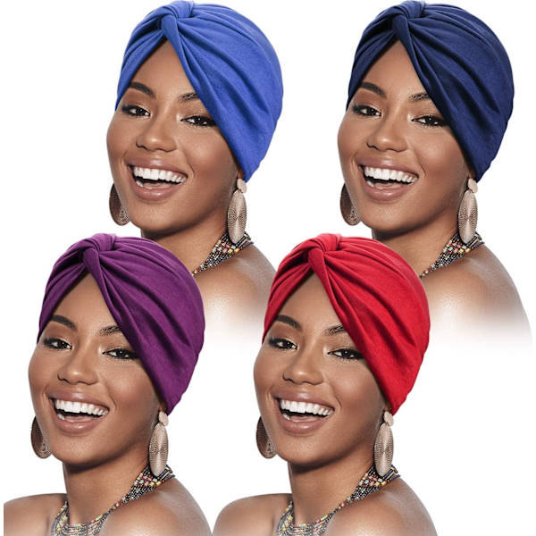 INIOR 4 st Turbaner för kvinnor Mjuk förknuten knut Mode veckad turbanmössa Beanie Headwrap Sovhatt, 4 färger Royal Blue, Röd Medium