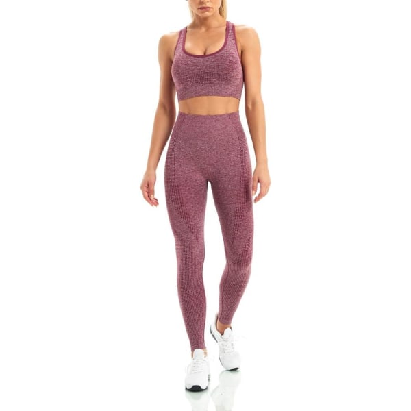 oWei Kvinnor 2-delade träningsoutfits Sport-BH Sömlösa Leggings Yoga Gym Activewear Set Rött Vin Medium