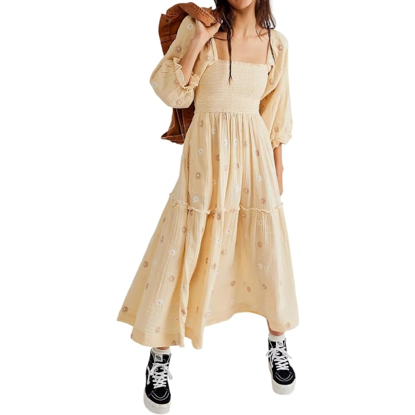 ivimos Dam långärmad bomull Boho Midiklänning Vintage fyrkantig hals Blommig broderad Tiered Ruffle Flowy fickor Dre Beige Medium