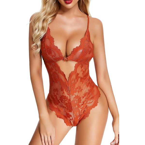 EXY Lingerie för kvinnor Sexig Naughty Lace Floral Teddy Bodysuits One Piece V Neck Mini Babydoll Plus Size Mörk Orange X-Large