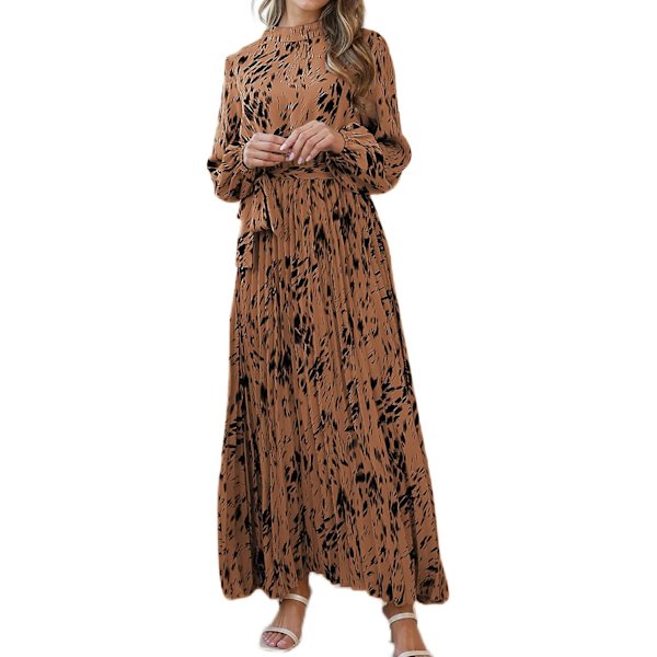 ivimos Höstklänningar för kvinnor Långärmad Plisserad Casual Mock Neck Elegant Tryckt Maxiklänning med bälte Brun Medium