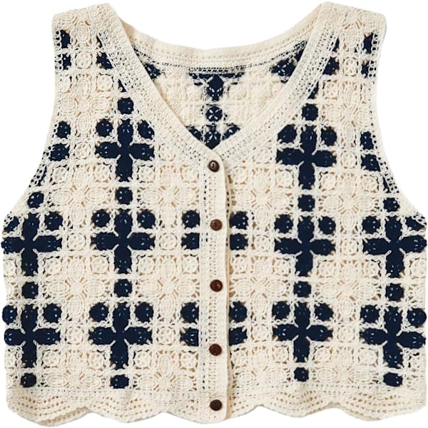dusa Dam Button Front V-hals Ärmlös Rutig Stickad Tröja Väst Beige och Blå Stor