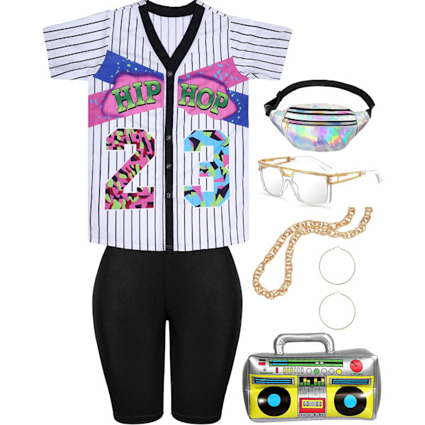 /90-tals outfit för kvinnor Hip Hop Costume Kit 90-tals rappare accessoarer Baseball Jersey Fanny Pack Yoga byxor vit X-Large