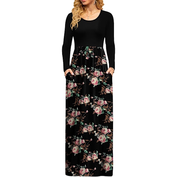 MOON Damkläder Casual Långärmad Maxiklänningar Empire Midja Lång Klänning med Ficka Blommros Bla XX-Large