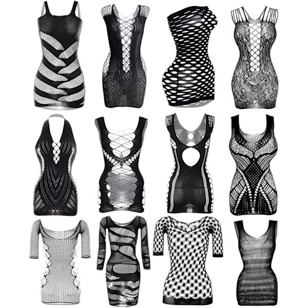 yoki 12 st Kvinnors Sexiga Underkläder Nät Genomskinlig Nattkläder Babydoll Chemise Mini Teddy Klänning En Del Svart(12 st) En Storlek