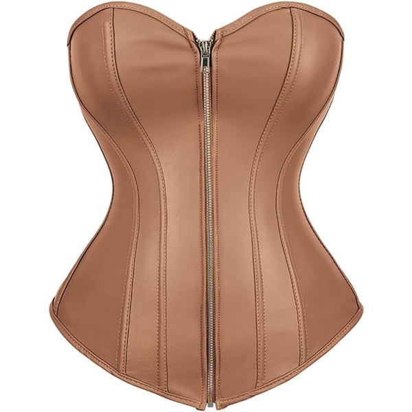 HOU Korsetter för kvinnor Faux Läder Korsett Topp Steampunk Korsetter Dragkedja Bustier Piratdräkt Brun 3X-Large