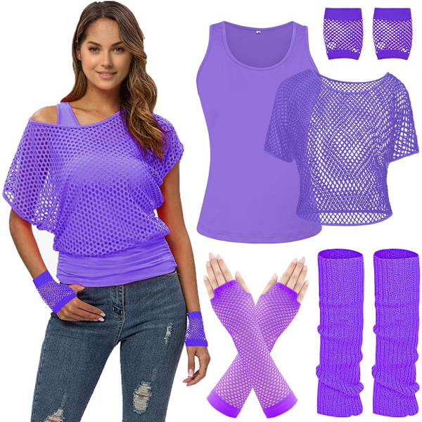 DPARTY Dam Casual Sexy 80-tals Kostymer Fishnet Neon Off Shoulder T-Shirt Två Delar, Fishnet Handskar, Benvärmare Lila Medium