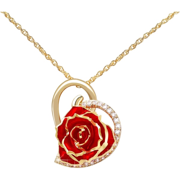 Zhao 24K guldpläterad strass hjärtformad roshänge halsband för kvinnor Röd